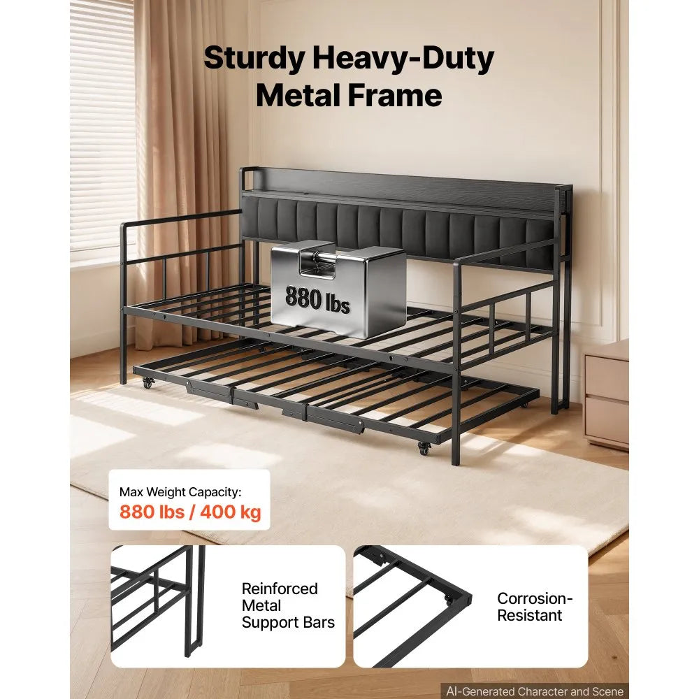 Twin Daybed with Pop-Up Trundle, LED Lights, Charging Station & Storage Headboard – Black