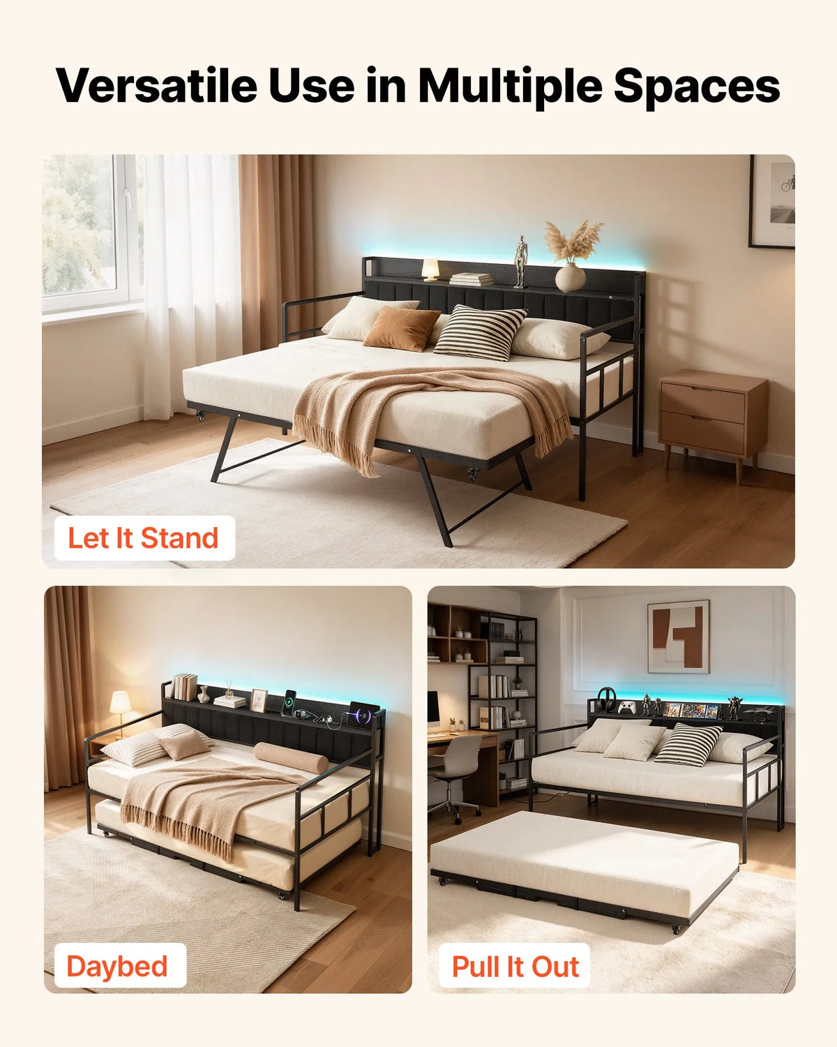 Twin Daybed with Pop-Up Trundle, LED Lights, Charging Station & Storage Headboard – Black