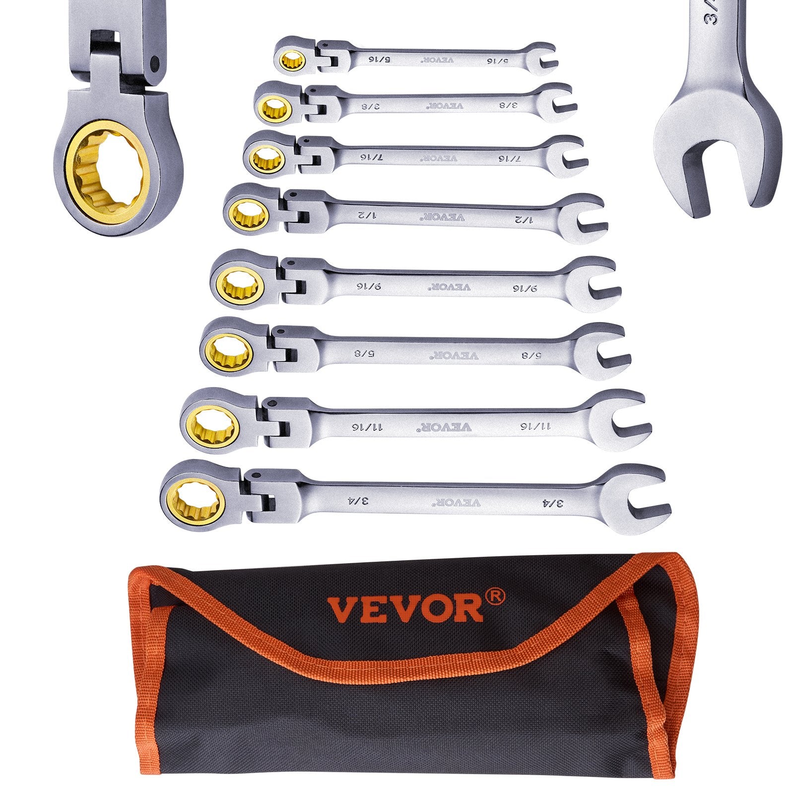VEVOR Flex-Head Ratcheting Wrench Set 8 PCS SAE 5/16"-3/4" with Roll-up Pouch