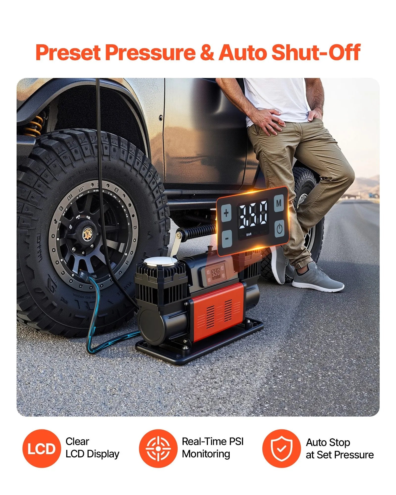 VEVOR Dual-Cylinder Heavy Duty Air Compressor, 10.6CFM Auto-Stop Portable Tire Inflator, 12V 150PSI Offroad Air Pump with LCD Digital Display & Adapters for Truck Car SUV 4 x 4 Vehicle RV