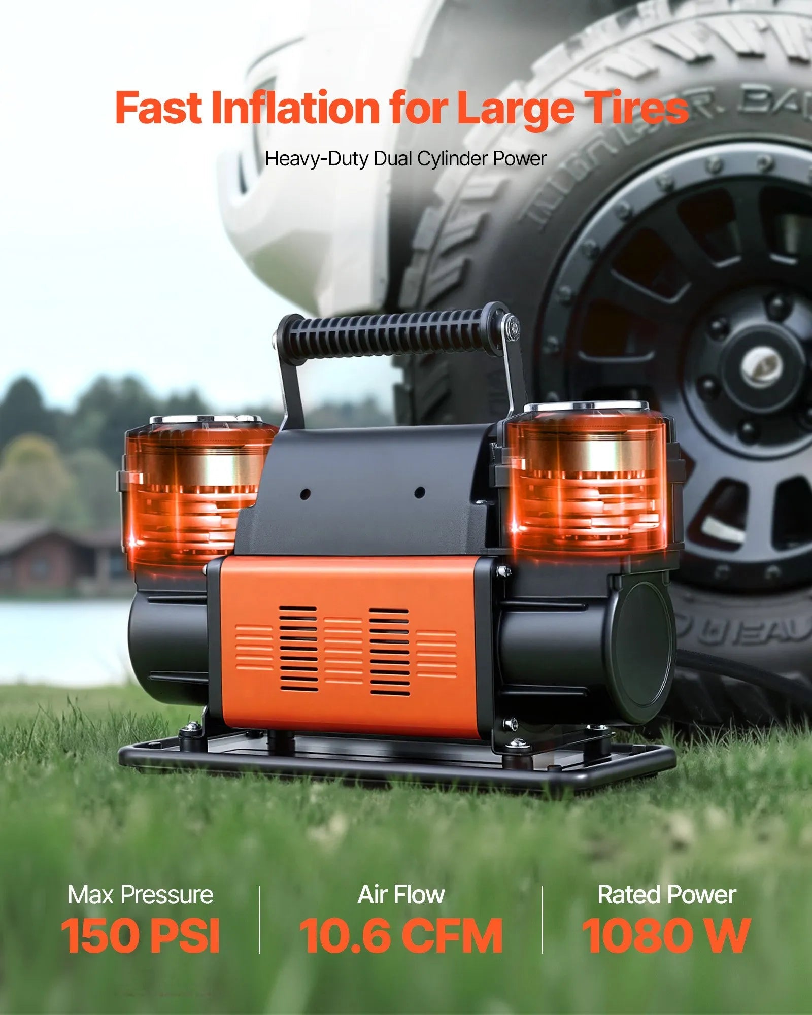 VEVOR Dual-Cylinder Heavy Duty Air Compressor, 10.6CFM Portable Tire Inflator, 12V 150PSI Offroad Air Pump with Digital Pressure Gauge & Adapters for Truck Car SUV 4 x 4 Vehicle RV