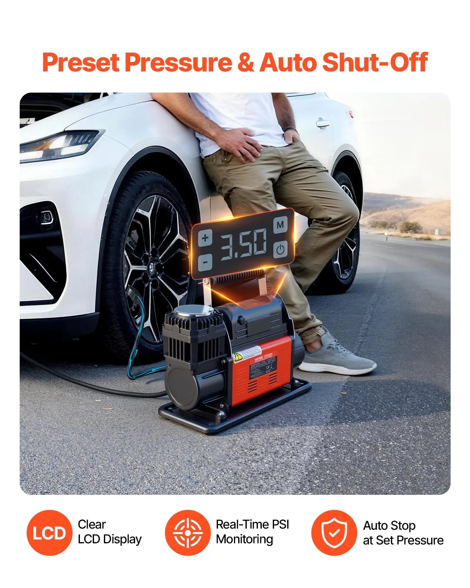 VEVOR 12V Heavy Duty Air Compressor, Auto-Stop Portable Tire Inflator with LCD Digital Display, 7.14 CFM 150PSI Offroad Air Pump with Adapters for Trucks Car SUV 4 x 4 Vehicle RV