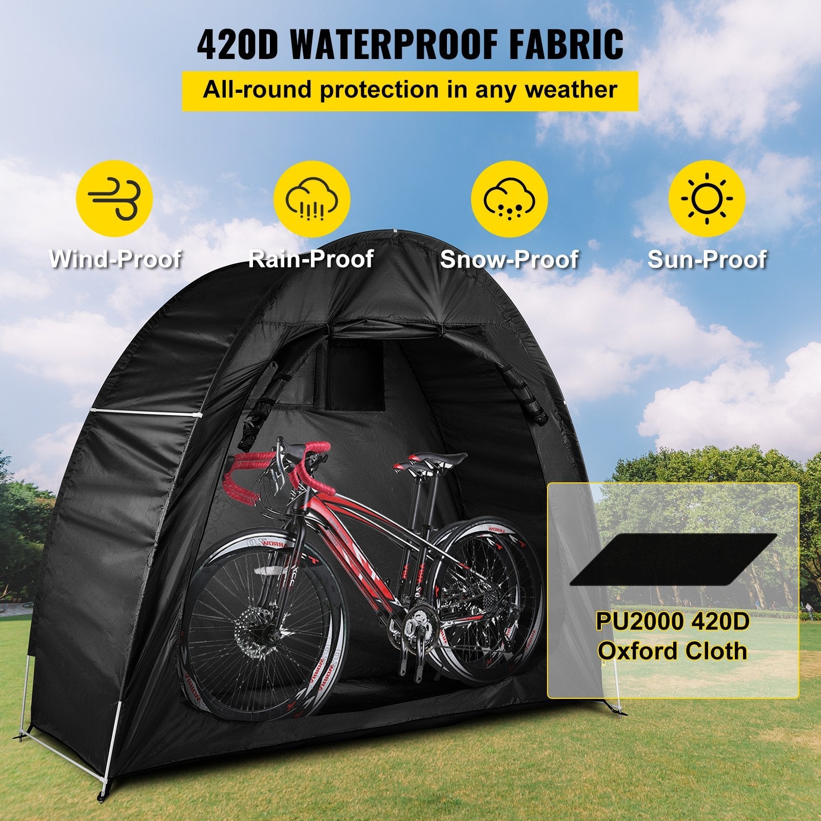 VEVOR Bike Cover Storage Tent, 420D Oxford Portable for 2 Bikes, Outdoor Waterproof Anti-Dust Bicycle Storage Shed, Heavy Duty for Bikes, Lawn Mower, and Garden Tools, w/ Carry Bag and Pegs, Black