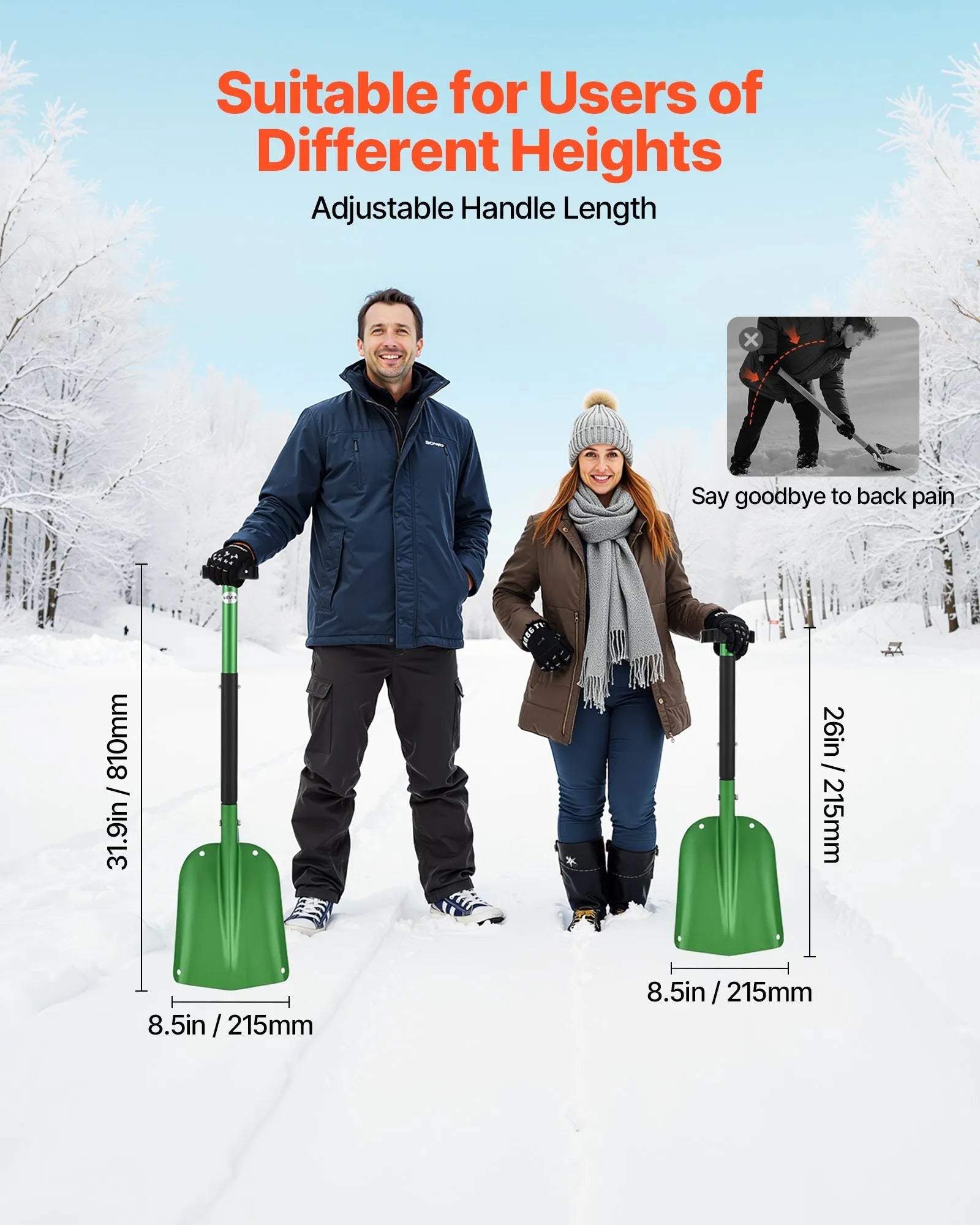 VEVOR Snow Shovel for Driveway, 8.5 in Wide Aluminum Alloy Snow Shovel with T-shaped Handles, Large Capacity Snowplow Shovels, Portable & Lightweight Snows Removal Tool for Garden Car Camping