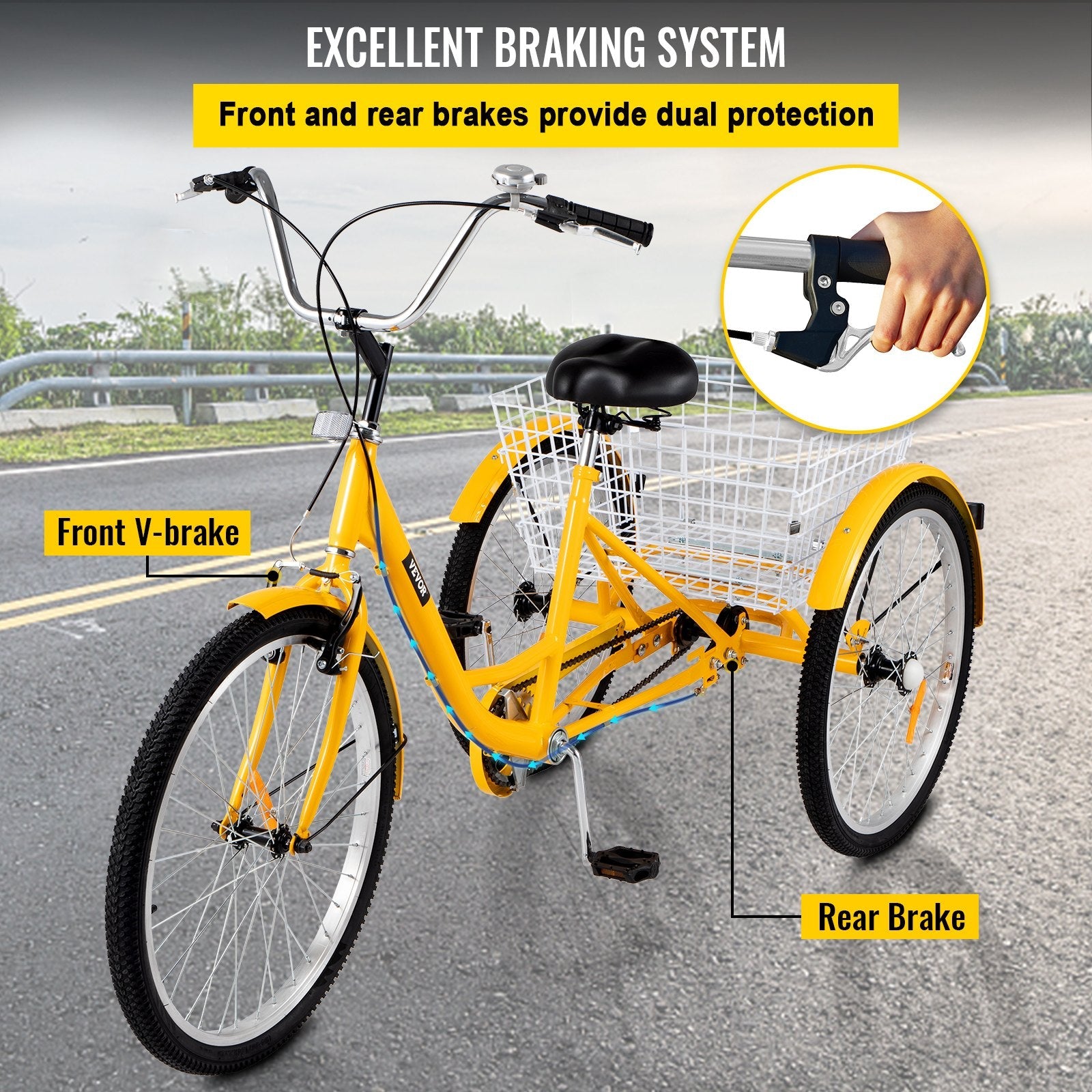 VEVOR Yellow Adult Tricycle 24'' 1-Speed 3 Wheel Bikes, Foldable Adult Tricycle 3 Wheel Bike Trike for Adults