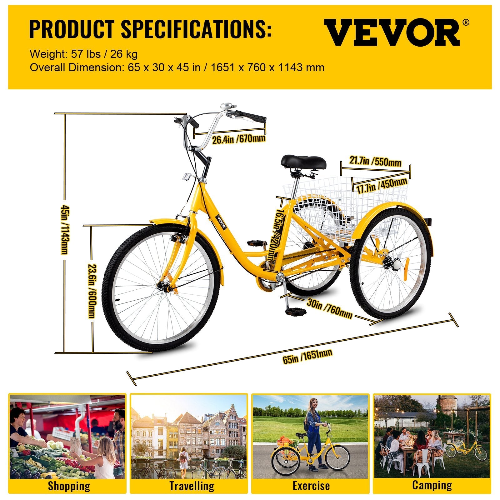 VEVOR Yellow Adult Tricycle 24'' 1-Speed 3 Wheel Bikes, Foldable Adult Tricycle 3 Wheel Bike Trike for Adults