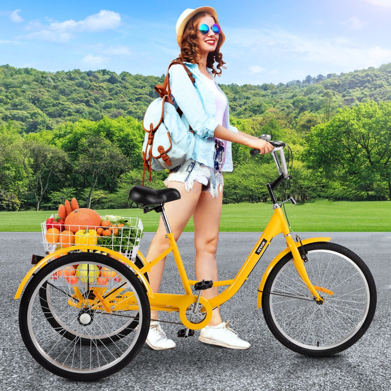 VEVOR Yellow Adult Tricycle 24'' 1-Speed 3 Wheel Bikes, Foldable Adult Tricycle 3 Wheel Bike Trike for Adults