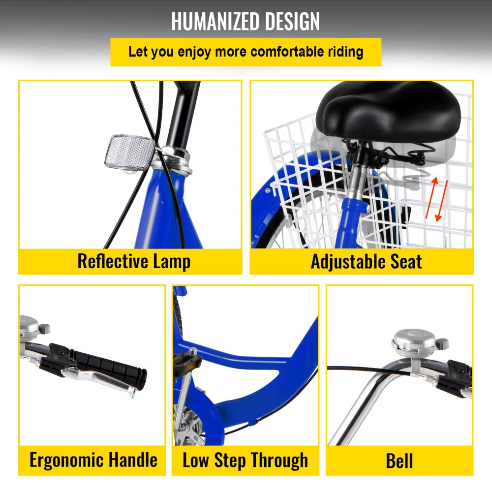 VEVOR Tricycle Adult 24 INCH Three Wheels Adult Tricycle 1 Speed 3 Wheel Bikes for Adults Folded for Easy Move and with Large Basket Great for Recreation Shopping and Exercises(Blue)