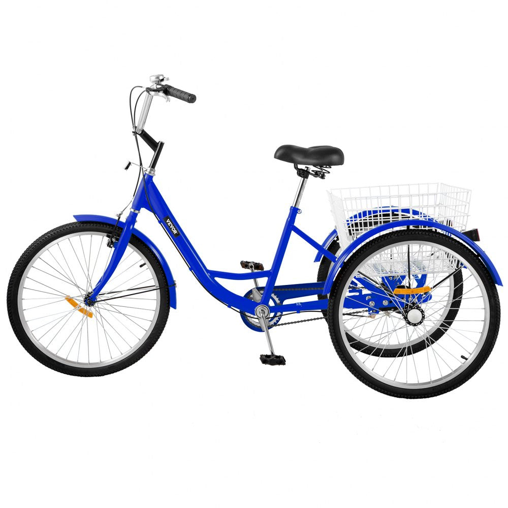 VEVOR Tricycle Adult 24 INCH Three Wheels Adult Tricycle 1 Speed 3 Wheel Bikes for Adults Folded for Easy Move and with Large Basket Great for Recreation Shopping and Exercises(Blue)