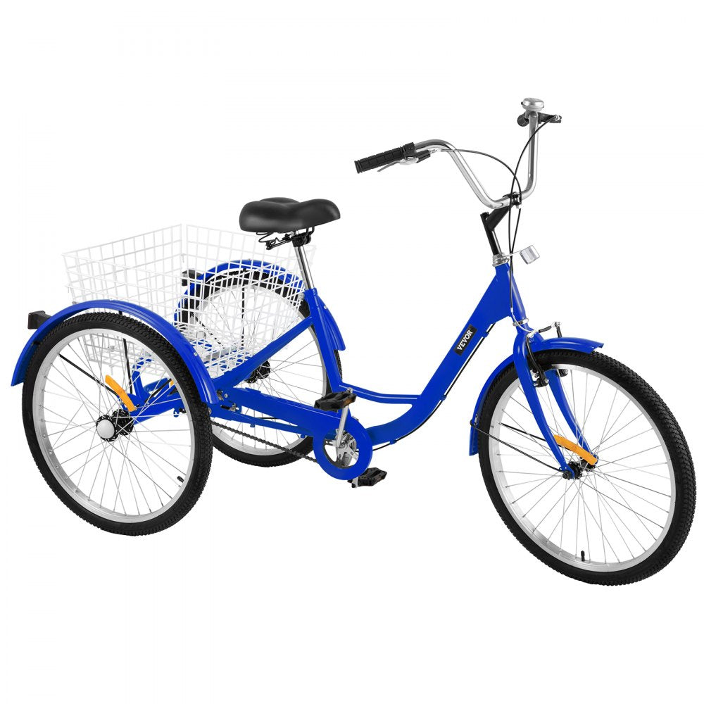 VEVOR Tricycle Adult 24 INCH Three Wheels Adult Tricycle 1 Speed 3 Wheel Bikes for Adults Folded for Easy Move and with Large Basket Great for Recreation Shopping and Exercises(Blue)