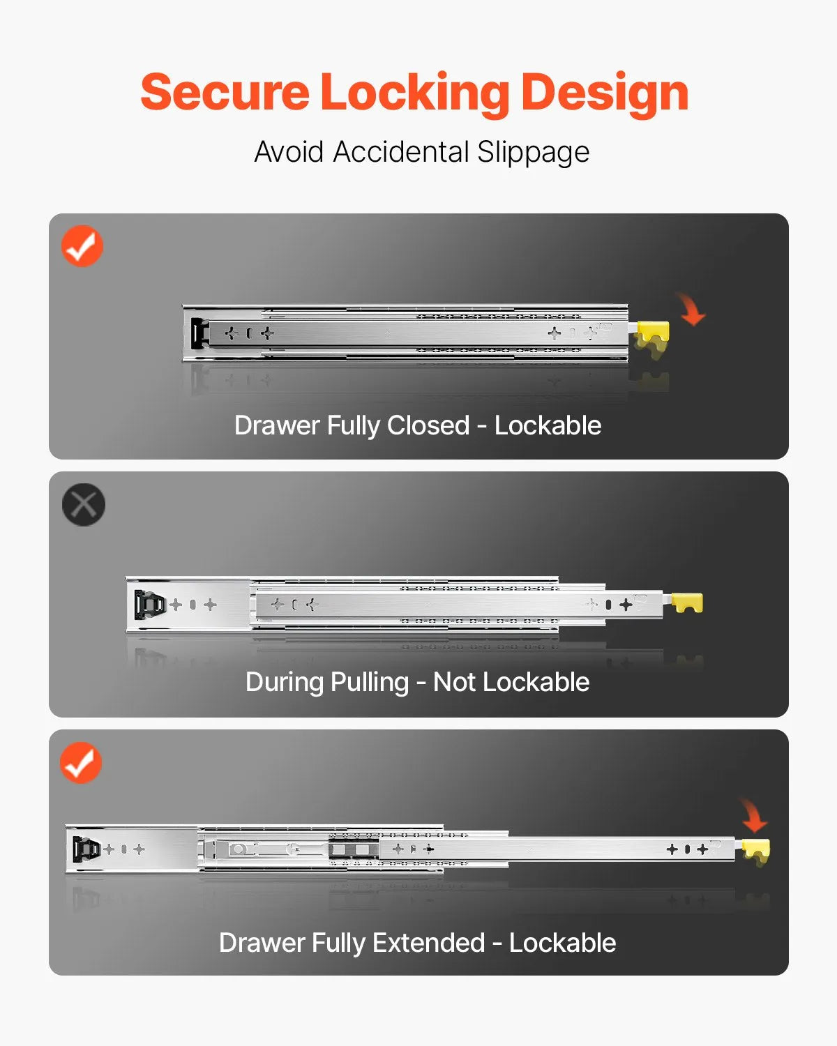 VEVOR 1 Pair Full Extension Drawer Slides 16 18 20 24 30 35 37.4 59 24 32 36 40 48 60 in, 250 lbs Load Capacity Locking Drawer Slides, Ball Bearing with Lock Side Mount Drawer Slide Rail