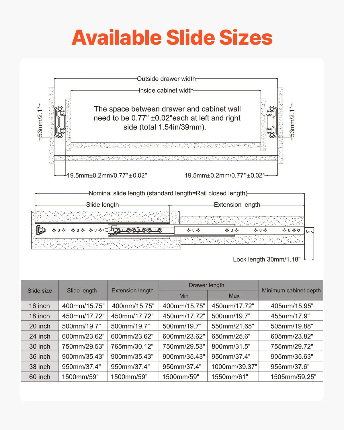 VEVOR 1 Pair Full Extension Drawer Slides 16 18 20 24 30 35 37.4 59 24 32 36 40 48 60 in, 250 lbs Load Capacity Locking Drawer Slides, Ball Bearing with Lock Side Mount Drawer Slide Rail