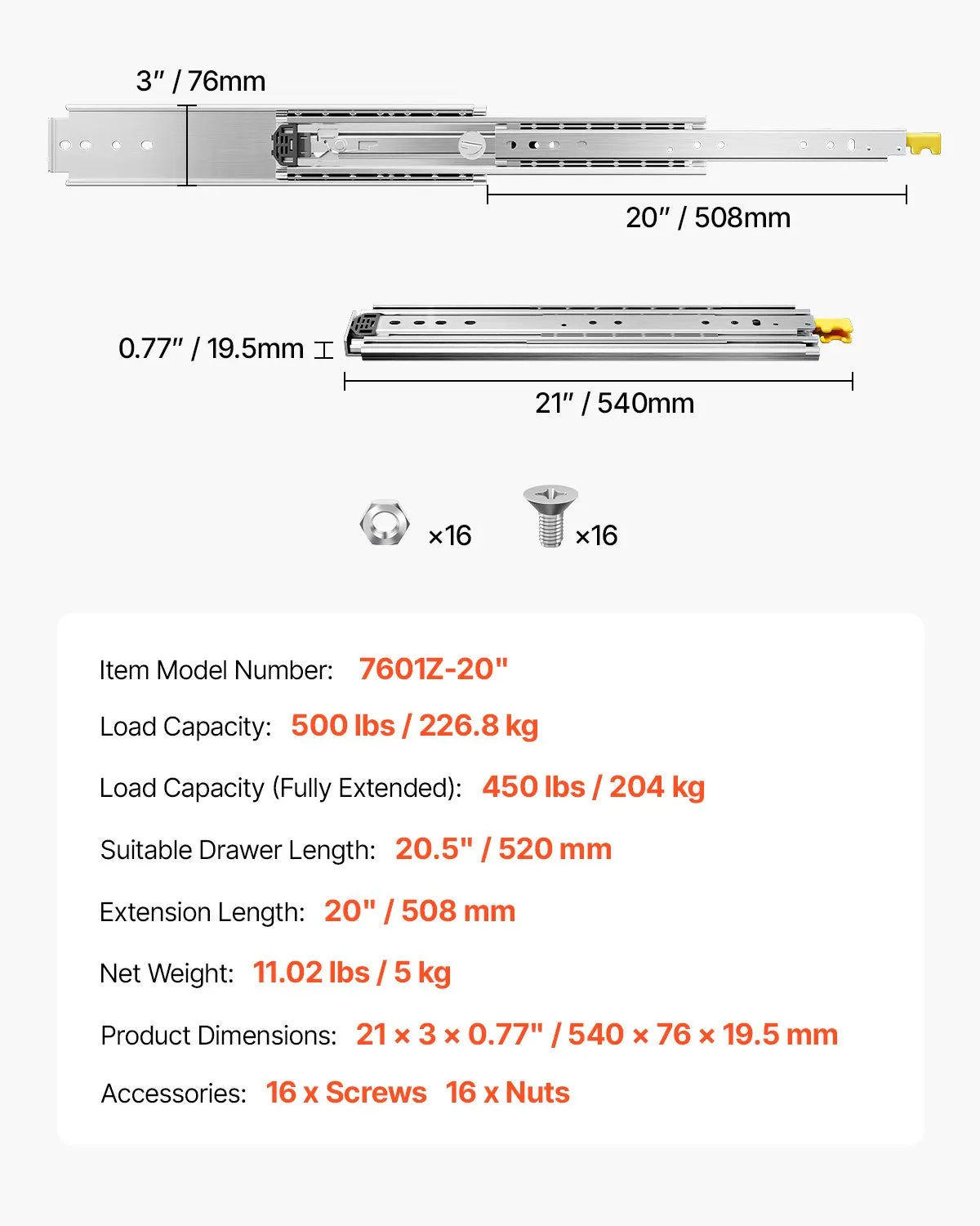 VEVOR Full Extension Drawer Slides 18 20 22 28 30 32 36 38 40 44 48 52 56 60 in, 500 lbs Load Capacity Locking Drawer Slides, Ball Bearing with Lock Side Mount Drawer Slide Rail