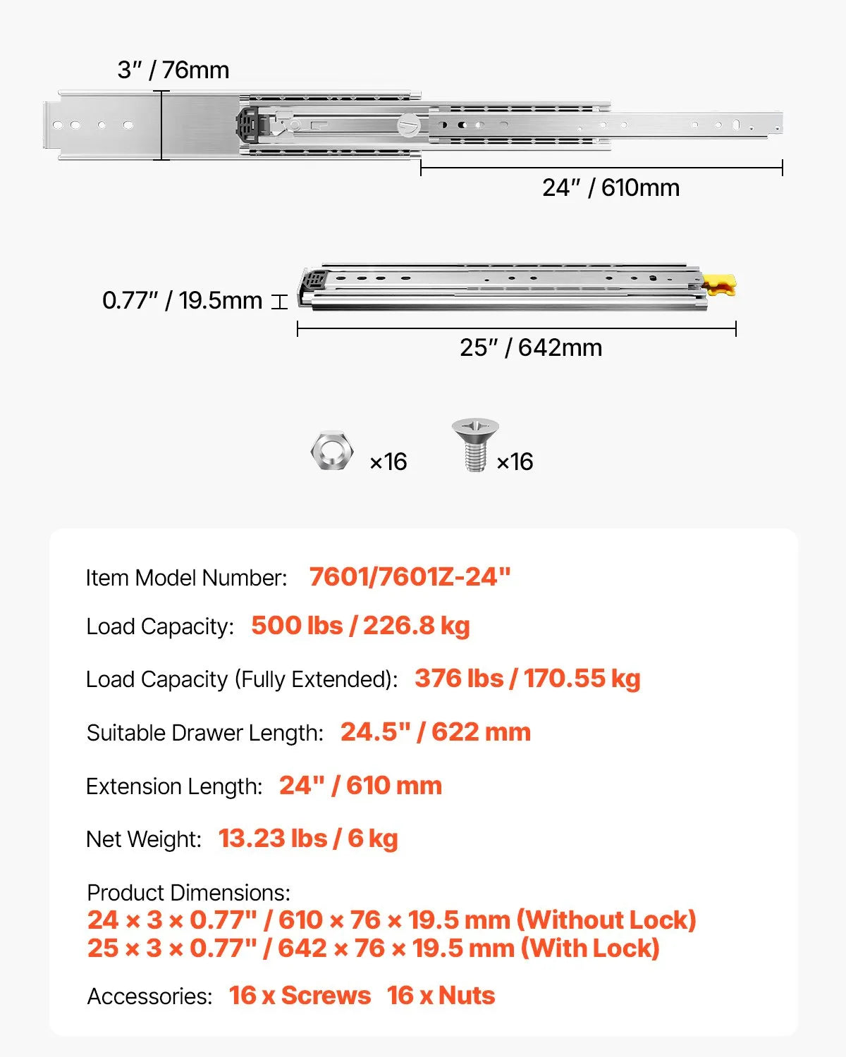 VEVOR 1 Pair Full Extension Drawer Slides 16 18 20 24 30 35 37.4 59 24 32 36 40 48 60 in, 500 lbs Load Capacity Locking Drawer Slides, Ball Bearing with Lock Side Mount