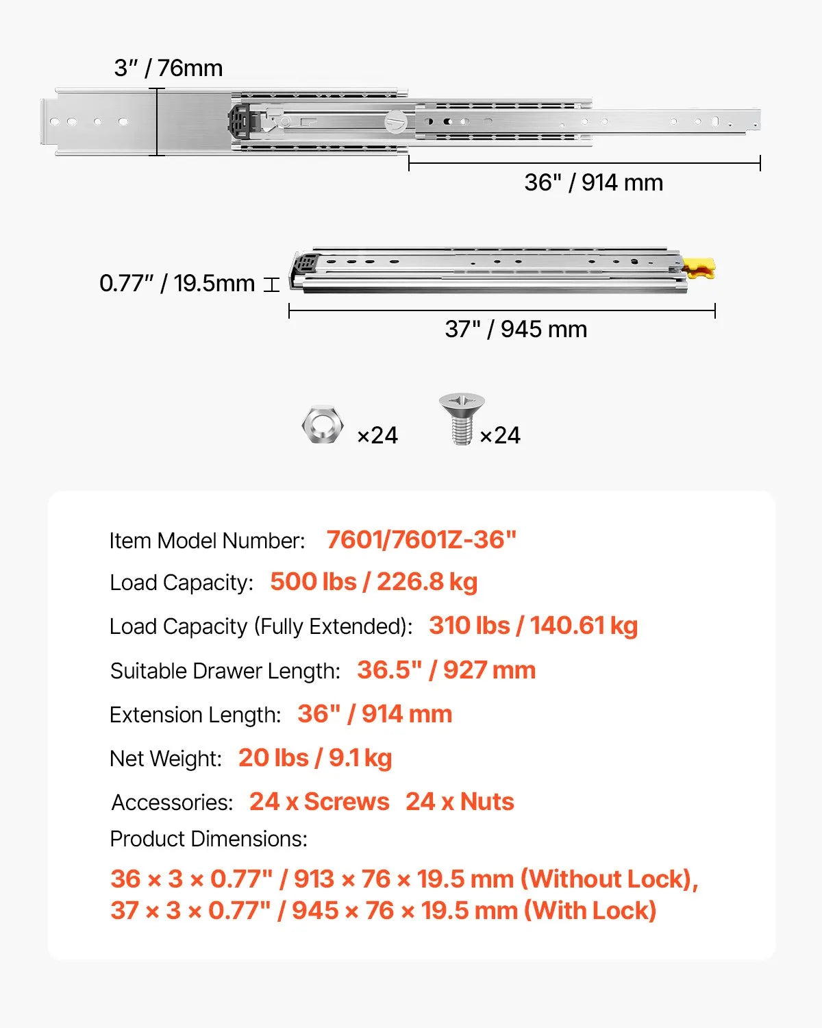 VEVOR 1 Pair Full Extension Drawer Slides 16 18 20 24 30 35 37.4 59 24 32 36 40 48 60 in, 500 lbs Load Capacity Locking Drawer Slides, Ball Bearing with Lock Side Mount Drawer Slide Rail