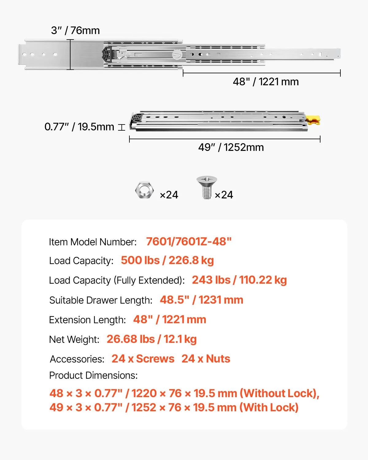 VEVOR Industrial Full Extension Drawer Slide Rails, 16–60 in, 500 lbs Capacity, Locking Ball Bearing Side Mount – 1 Pair