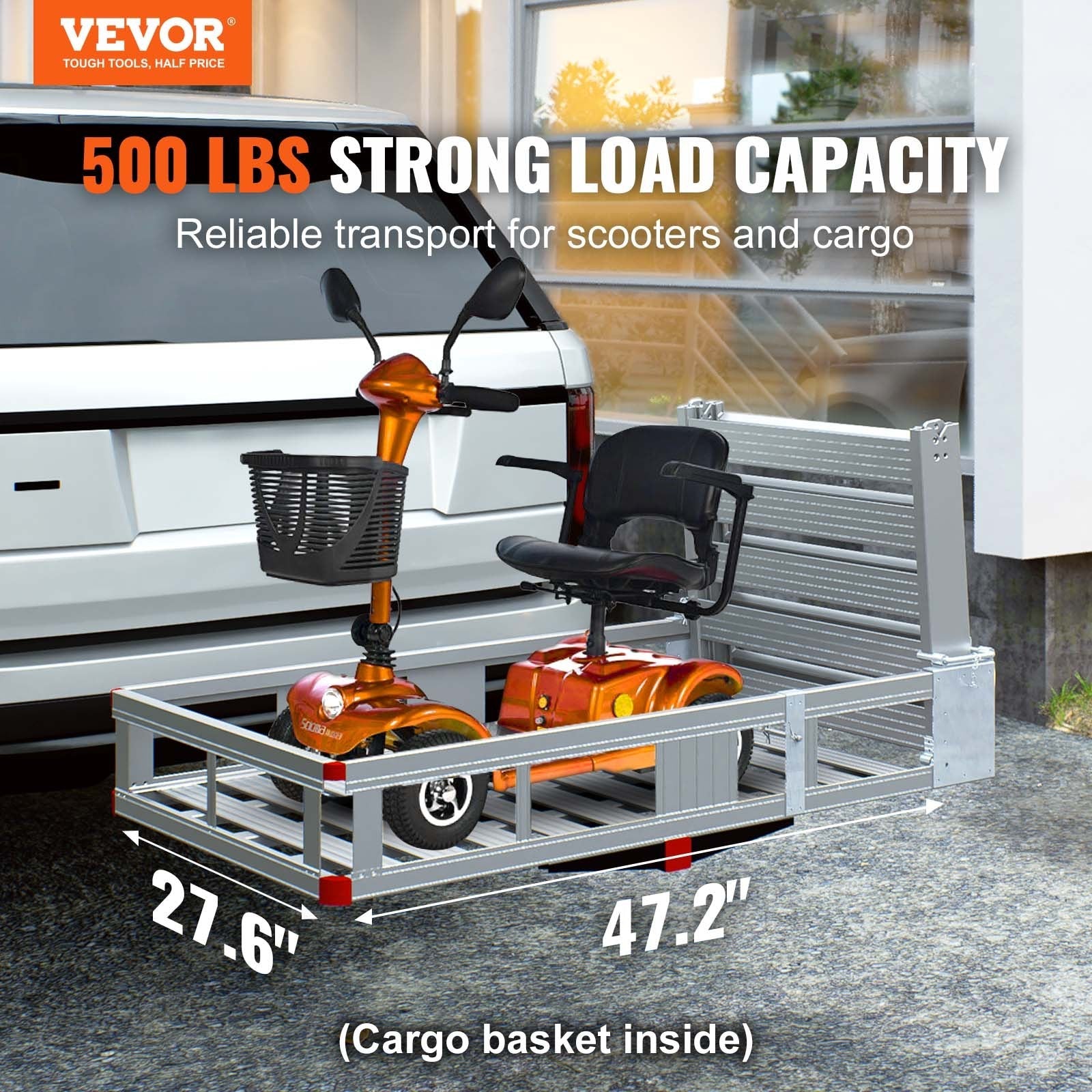 VEVOR Hitch Mount Wheelchair Carrier 47.2" x 27.6", 500LBS Mobility Scooter Carrier with Folding Ramp, Aluminum Trailer Hitch Rack Basket with Stabilizer, Straps, Fit 2" Hitch Receiver for SUV Van Car