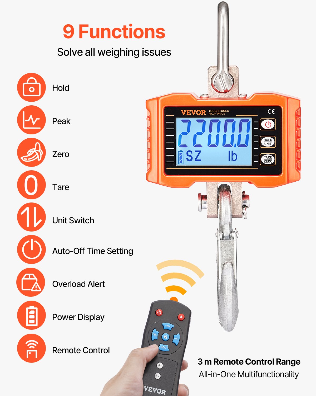 VEVOR Digital Crane Scale Industrial Hanging Scale 2200 lbs/1000 kg Heavy Duty