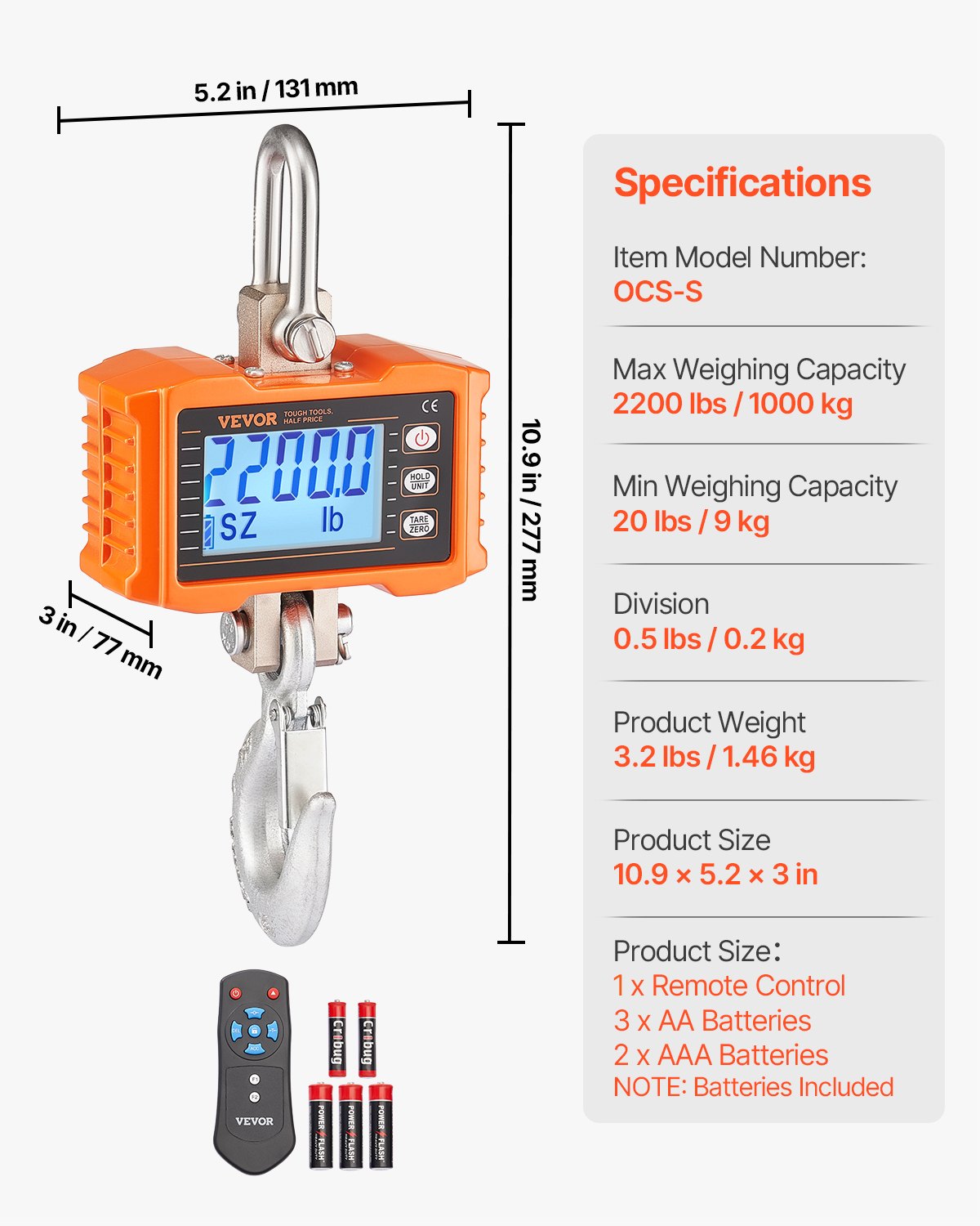 VEVOR Digital Crane Scale Industrial Hanging Scale 2200 lbs/1000 kg Heavy Duty