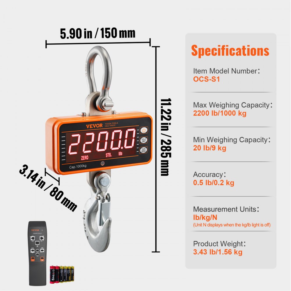 VEVOR Digital Crane Scale, 2200 lbs/1000 kg, Industrial Heavy Duty Hanging Scale with Remote Control, Cast Aluminum Case & LED Screen, High Precision for Construction, Factory, Farm, Hunting (Orange)