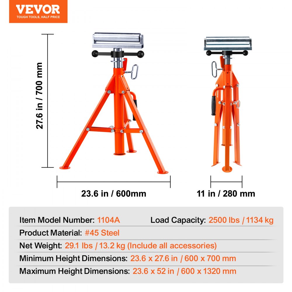 VEVOR Roller Stand, Heavy Duty 2500 LBS Load Capacity, 27.6"-52" Height Adjustable, 45# Steel Folding Roller Support Stand for Long Boards, Metal Pipes or Bars