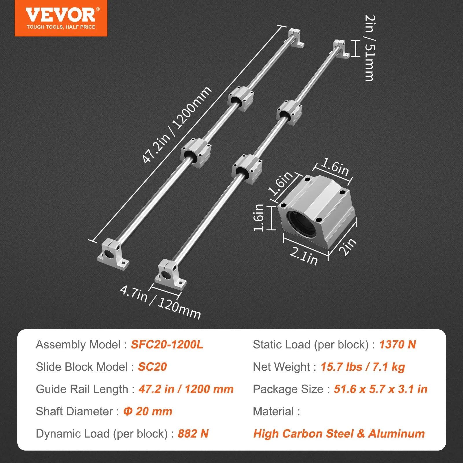 VEVOR Linear Guide Rail Set, SFC20 1200mm, 2 PCS 39.4 in/1000 mm SFC20 Guide Rails 4 PCS SC20 Slide Blocks 4 PCS Rail Supports, Linear Rails and Bearings Kit for Automated Machines CNC DIY Project