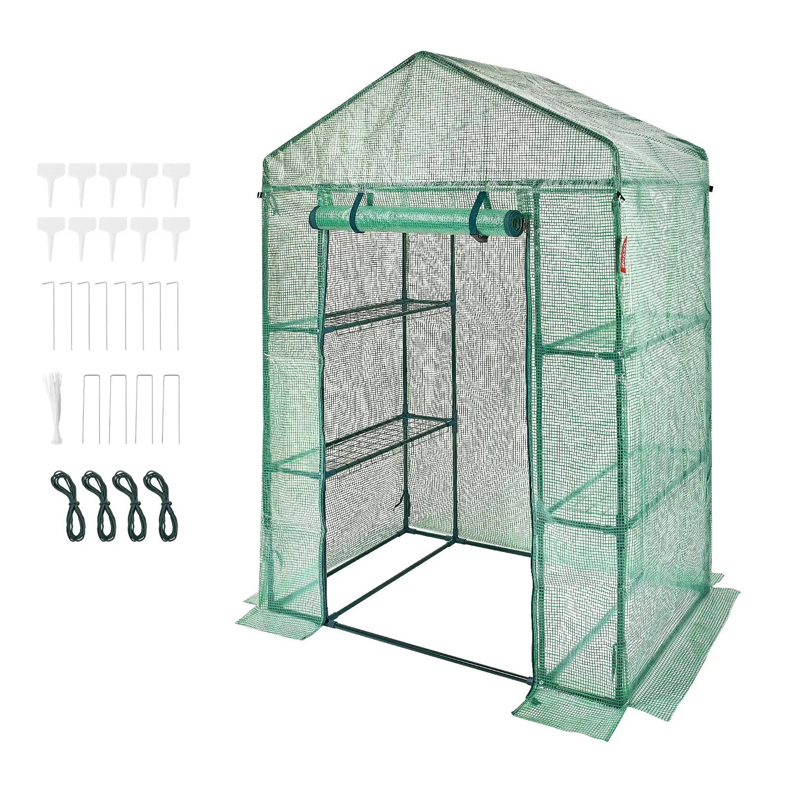 VEVOR Walk-in Green House, 4.6 x 2.4 x 6.7 ft Greenhouse with Shelves, Set Up in Minutes, High Strength PE Cover with Doors & Windows and Steel Frame, Suitable for Planting and Storage, Green