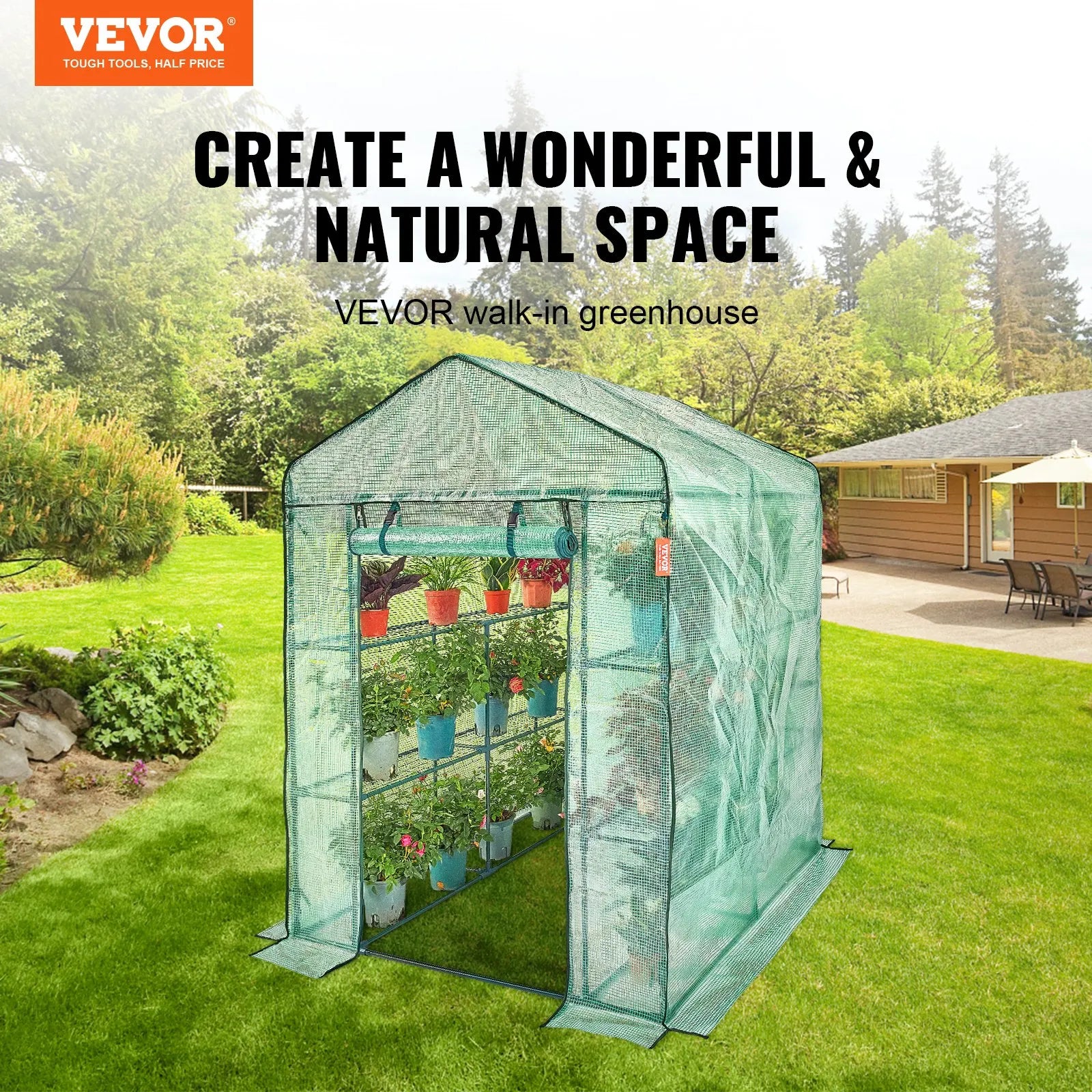 VEVOR Walk-in Green House, 4.6 x 4.6 x 6.6 ft Greenhouse with Shelves, Set Up in Minutes, High Strength PE Cover with Doors & Windows and Steel Frame, Suitable for Planting and Storage, Green