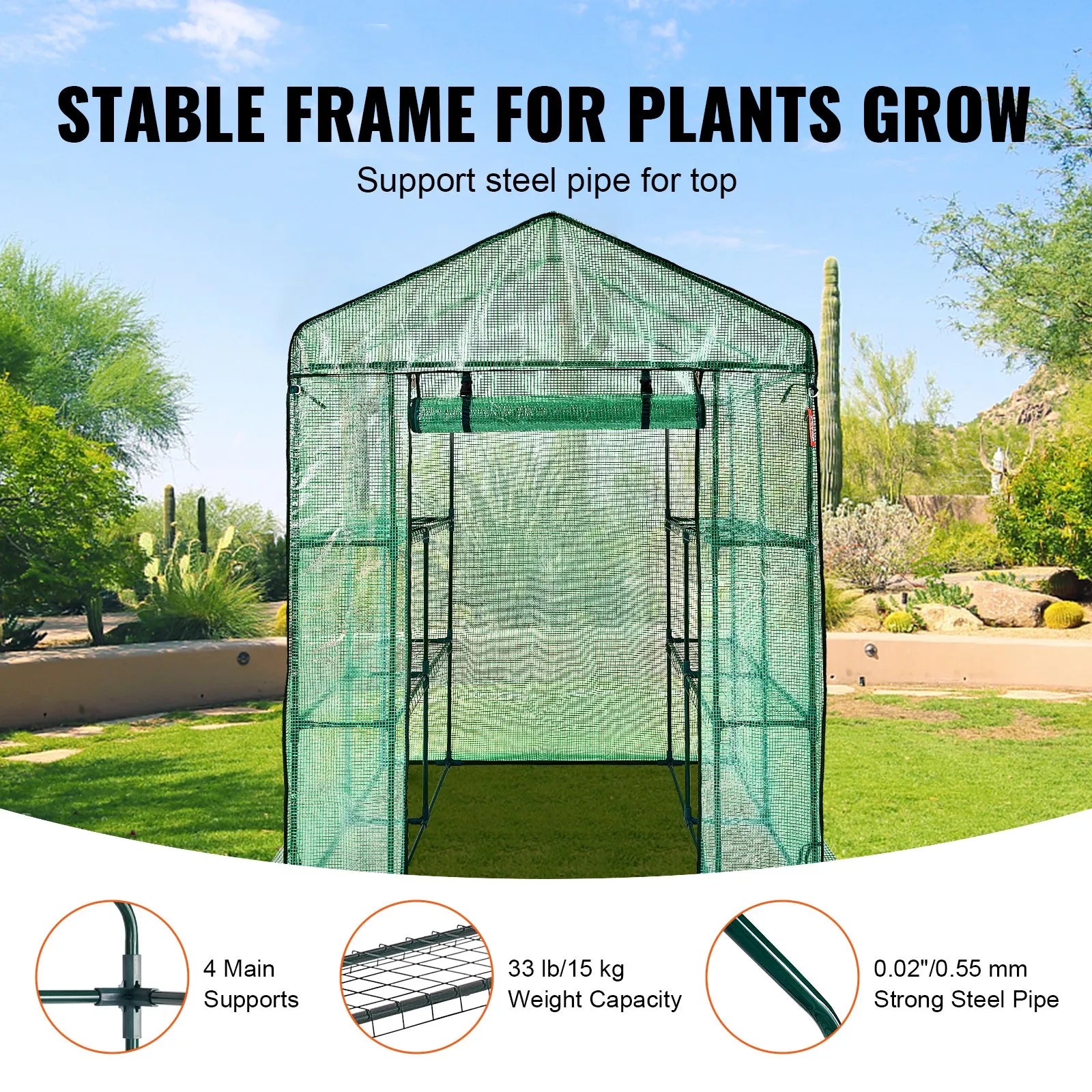 VEVOR Walk-in Green House, 4.6 x 4.6 x 6.6 ft Greenhouse with Shelves, Set Up in Minutes, High Strength PE Cover with Doors & Windows and Steel Frame, Suitable for Planting and Storage, Green