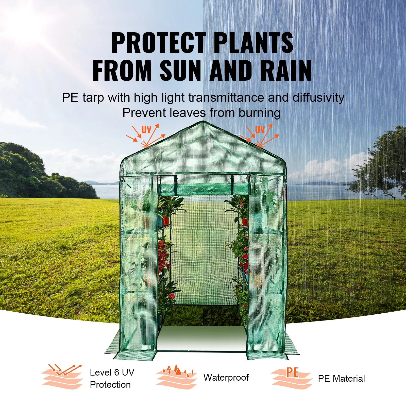 VEVOR Walk-in Green House, 4.6 x 4.6 x 6.6 ft Greenhouse with Shelves, Set Up in Minutes, High Strength PE Cover with Doors & Windows and Steel Frame, Suitable for Planting and Storage, Green