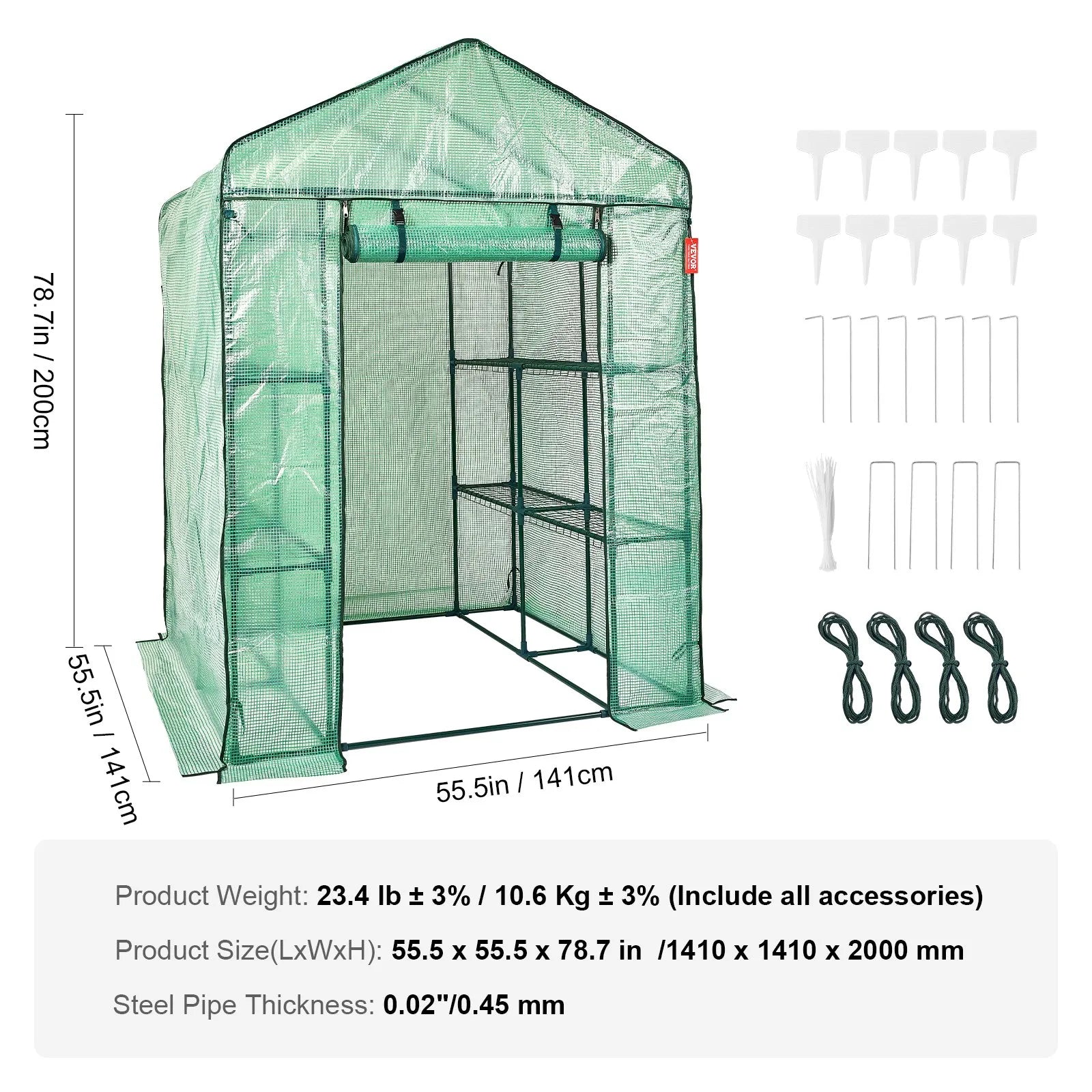VEVOR Walk-in Green House, 4.6 x 4.6 x 6.6 ft Greenhouse with Shelves, Set Up in Minutes, High Strength PE Cover with Doors & Windows and Steel Frame, Suitable for Planting and Storage, Green