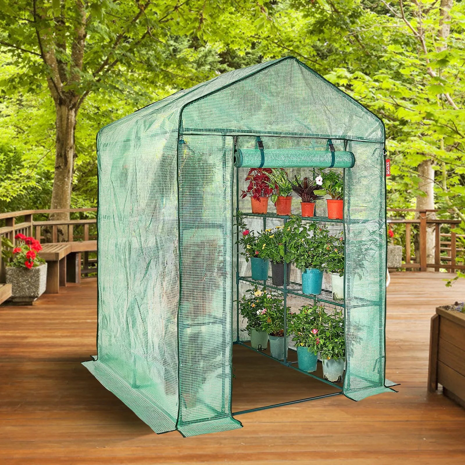 VEVOR Walk-in Green House, 4.6 x 4.6 x 6.6 ft Greenhouse with Shelves, Set Up in Minutes, High Strength PE Cover with Doors & Windows and Steel Frame, Suitable for Planting and Storage, Green