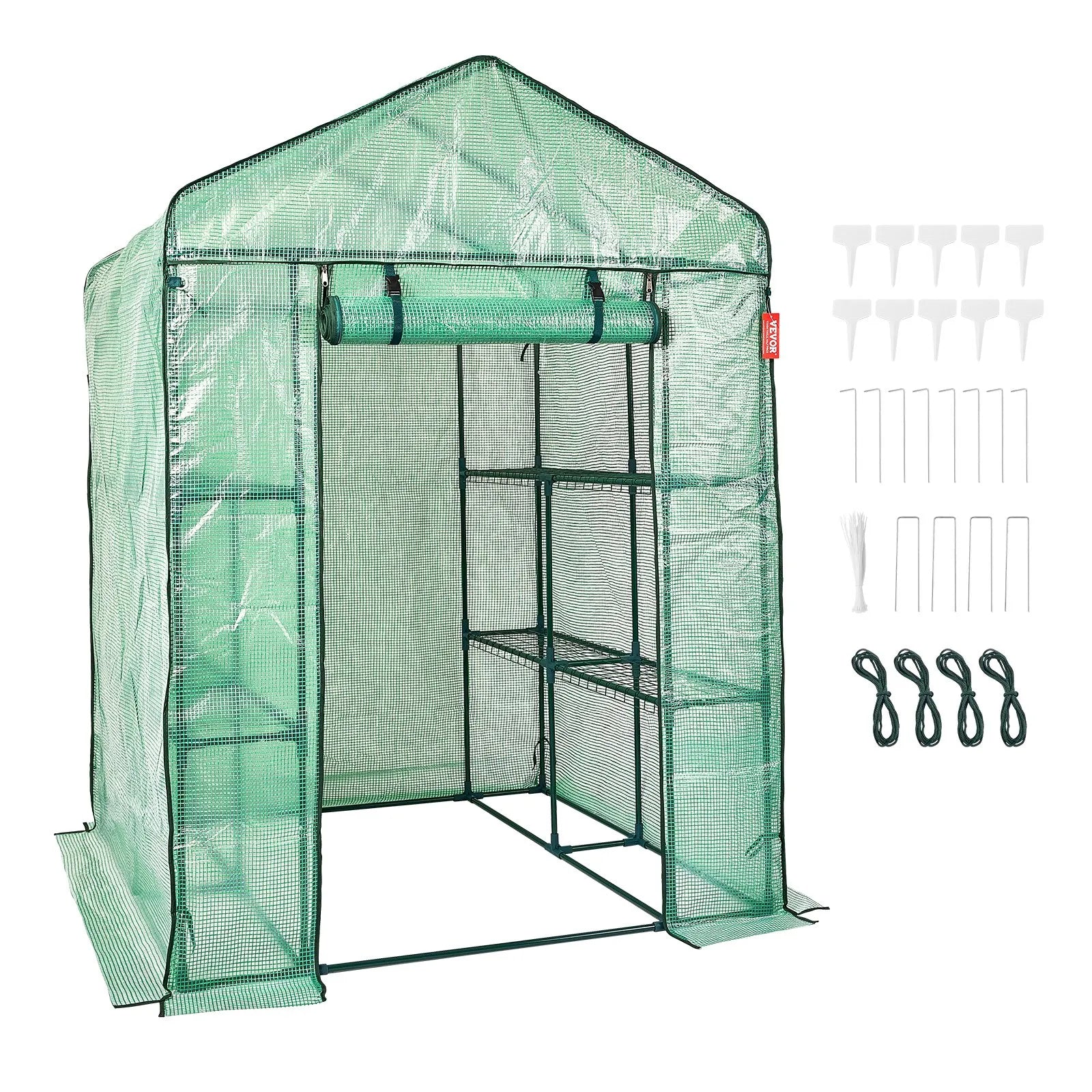 VEVOR Walk-in Green House, 4.6 x 4.6 x 6.6 ft Greenhouse with Shelves, Set Up in Minutes, High Strength PE Cover with Doors & Windows and Steel Frame, Suitable for Planting and Storage, Green
