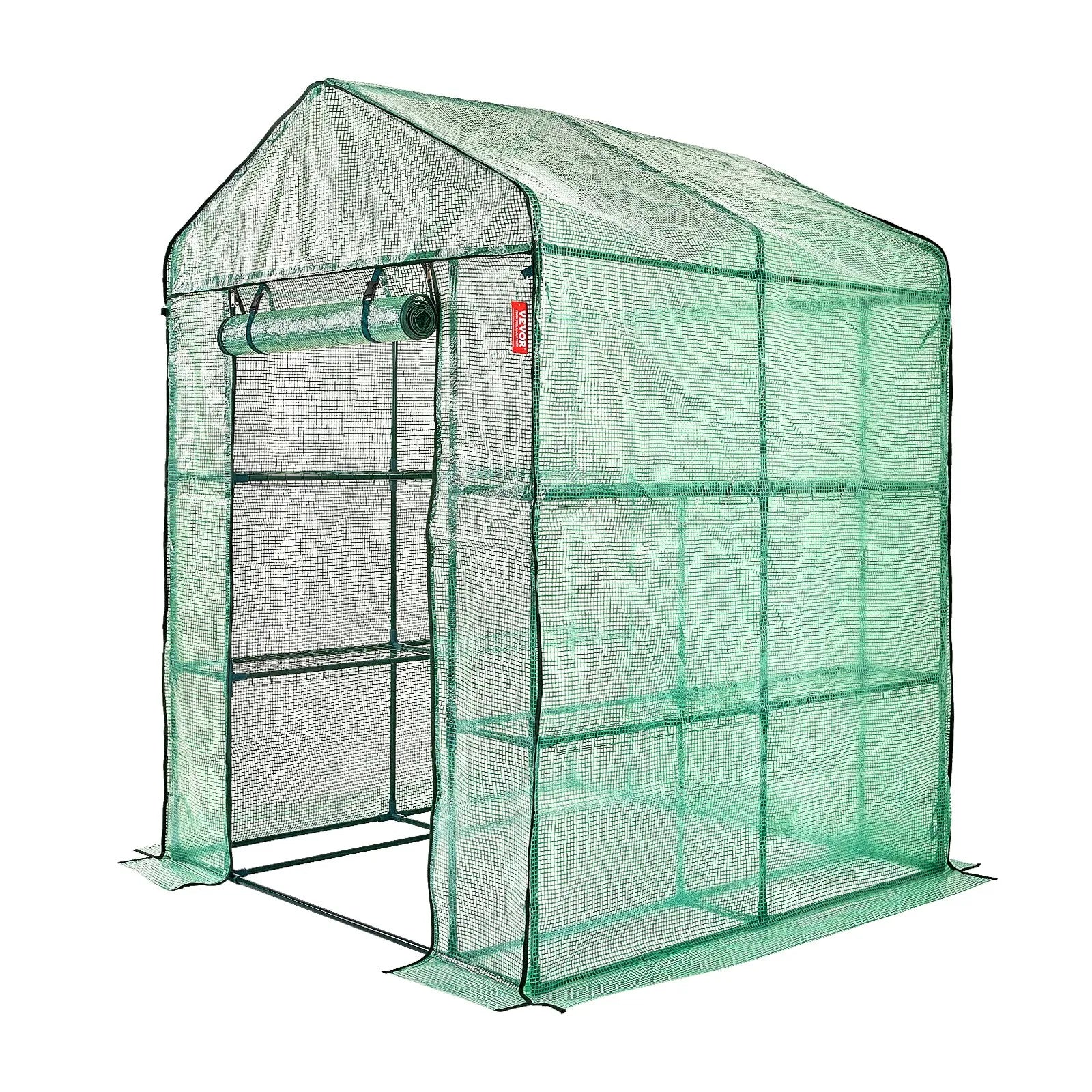 VEVOR Walk-in Green House, 4.6 x 4.6 x 6.6 ft Greenhouse with Shelves, Set Up in Minutes, High Strength PE Cover with Doors & Windows and Steel Frame, Suitable for Planting and Storage, Green