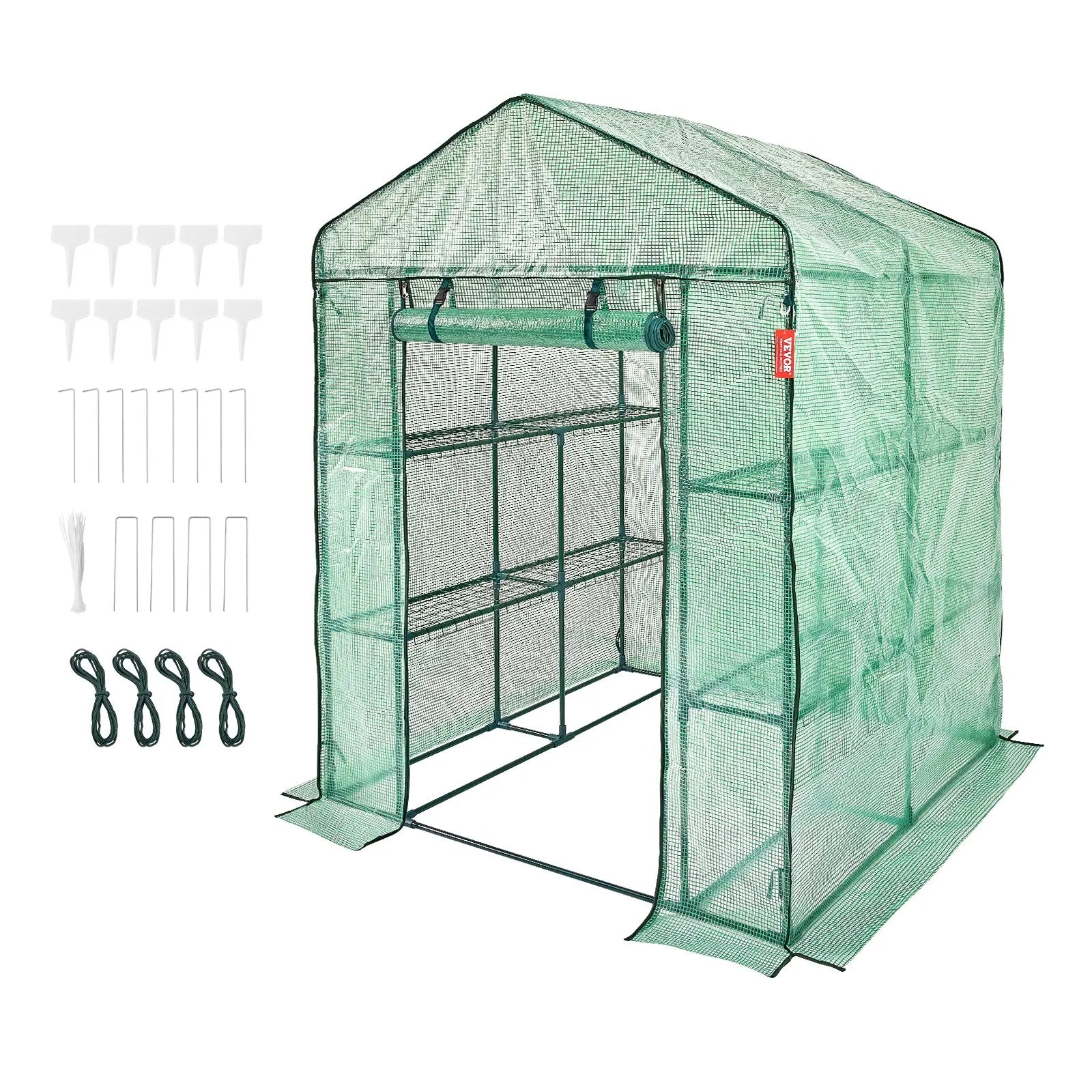 VEVOR Walk-in Green House, 4.6 x 4.6 x 6.6 ft Greenhouse with Shelves, Set Up in Minutes, High Strength PE Cover with Doors & Windows and Steel Frame, Suitable for Planting and Storage, Green