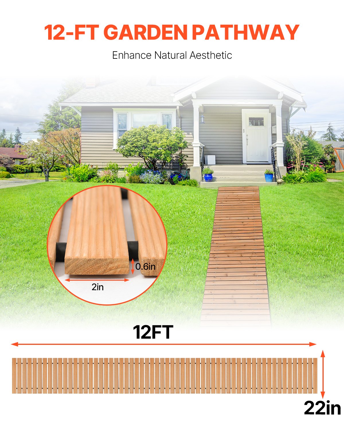 VEVOR 12 ft L x 22 in W Straight Wooden Garden Pathway Roll Out Garden Walkway