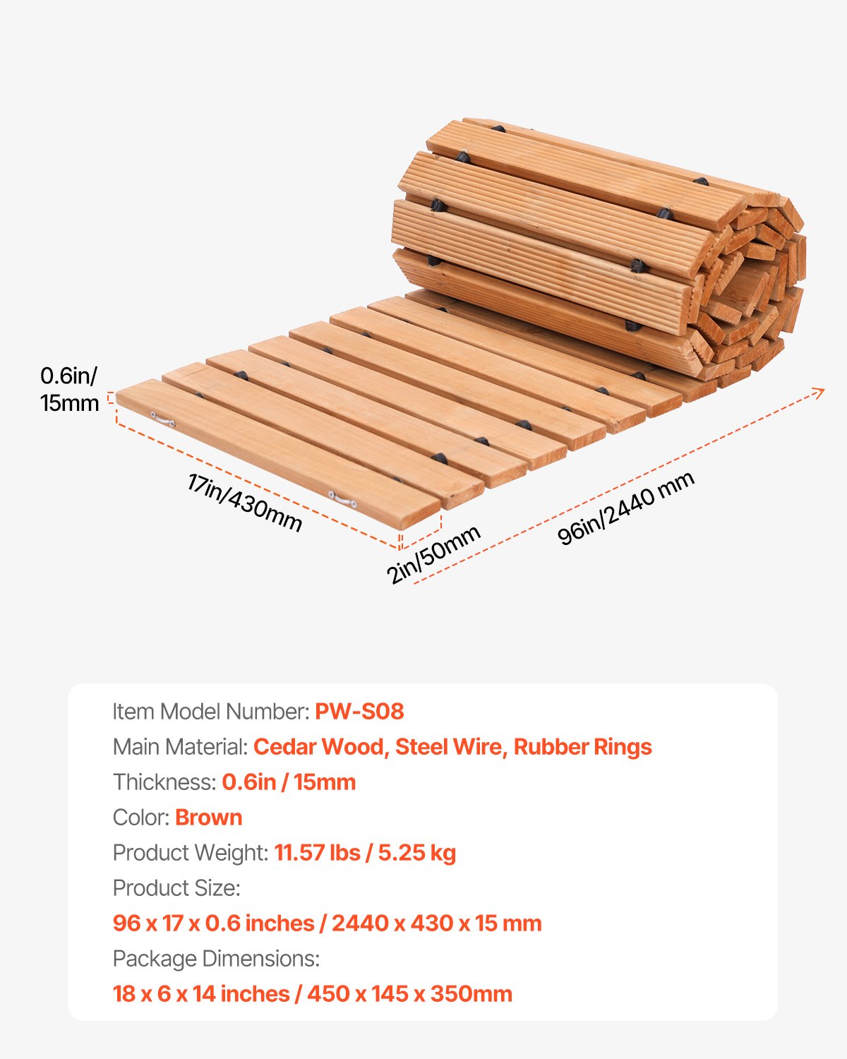 VEVOR 8 ft L x 17 in W Straight Wooden Garden Pathway Roll Out Garden Walkway