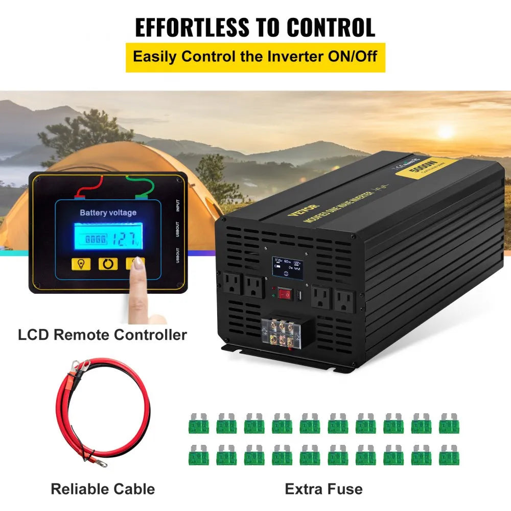 VEVOR Power Inverter, 5000W Modified Sine Wave Inverter, DC 12V to AC 120V Car Converter, with LCD Remote Controller, LED Indicator, AC Outlets Inverter for Truck RV Car Boat Travel Camping Emergency