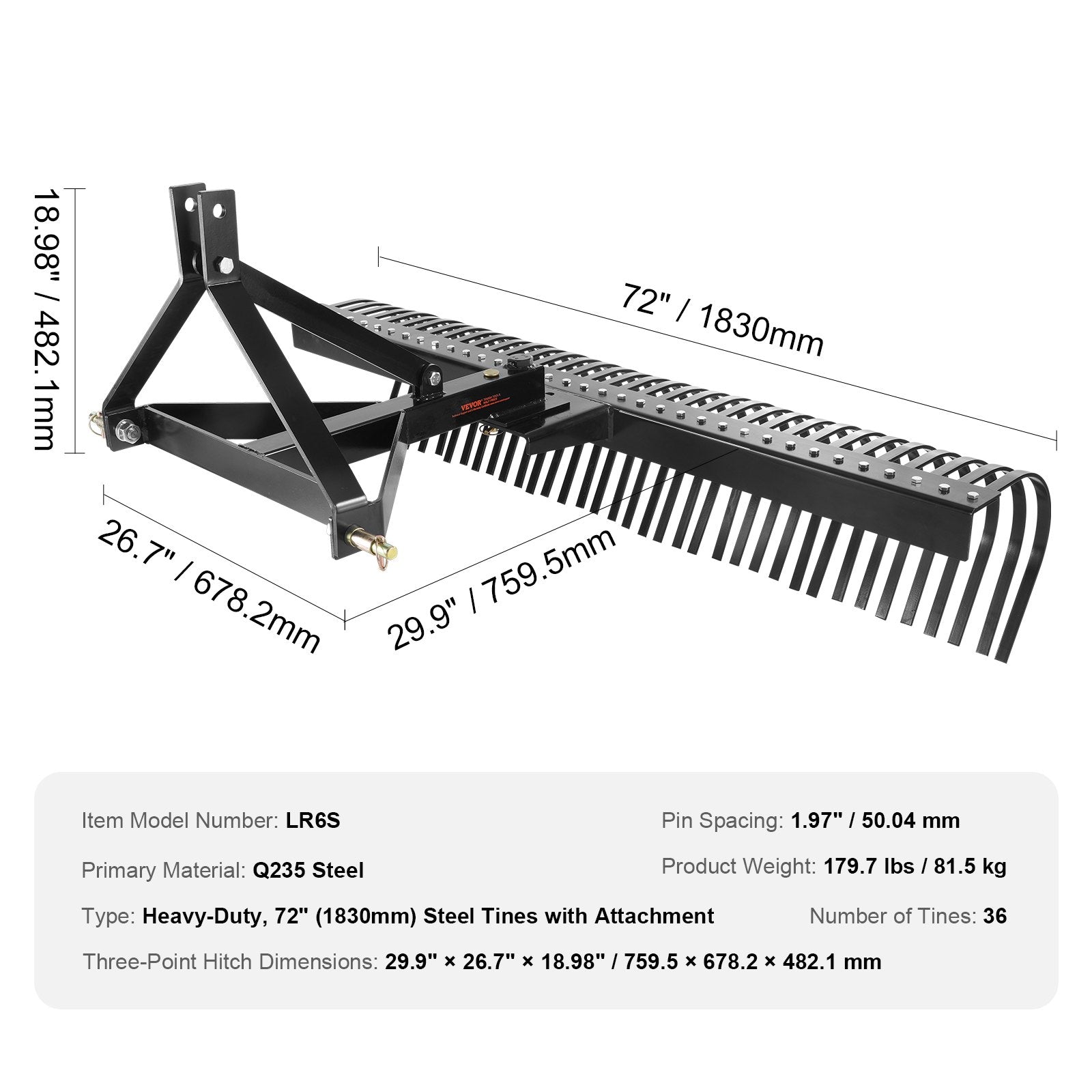 VEVOR Tow Behind Dethatcher, 72-inch Tow Dethatcher with 36 Steel Tines, 3-Point Lawn Dethatcher Rake with Attachments for Tractor, Landscape Rake for Garden, Farm, Grass