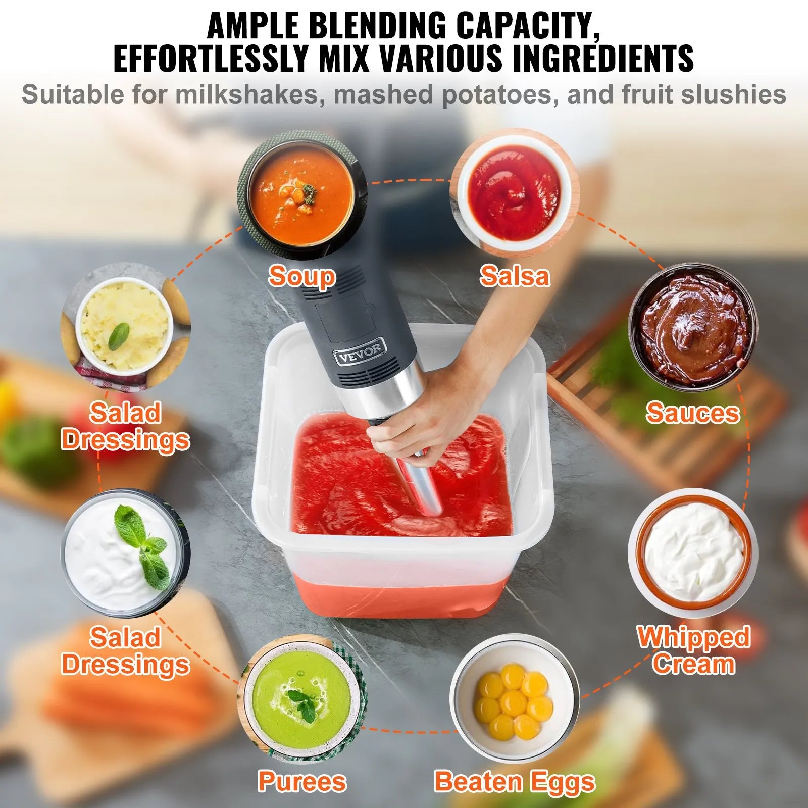 VEVOR Commercial Immersion Blender, 500 Watt Heavy Duty Hand Mixer, Variable Speed Kitchen Stick Mixer with 304 Stainless Steel Blade, Multi-Purpose Portable Mixer for Soup, Smoothie, Puree, Baby Food