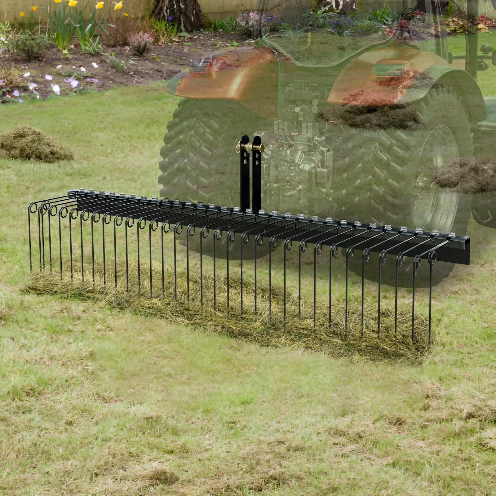 VEVOR Tow Behind Landscape Rake, 72" Tow Dethatcher with 32 Steel Tines, Lawn Dethatcher Rake Attaches to Category 1, 3 Point Hitch for Tractor, for Leaves, Pine Needles, Straw, and Grass