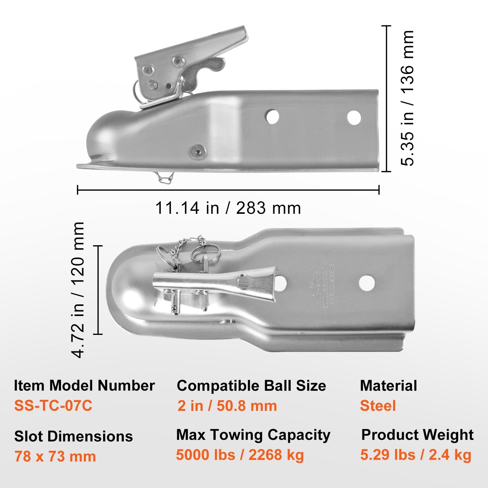 VEVOR Straight Trailer Coupler, for 2-Inch Hitch Ball, 3-Inch Channel, 5000 lbs Capacity, Heavy Duty Trailer Tongue Coupler, Ideal for Towing Station Wagons, Pickup Trucks, SUVs, Zinc Plated Surface