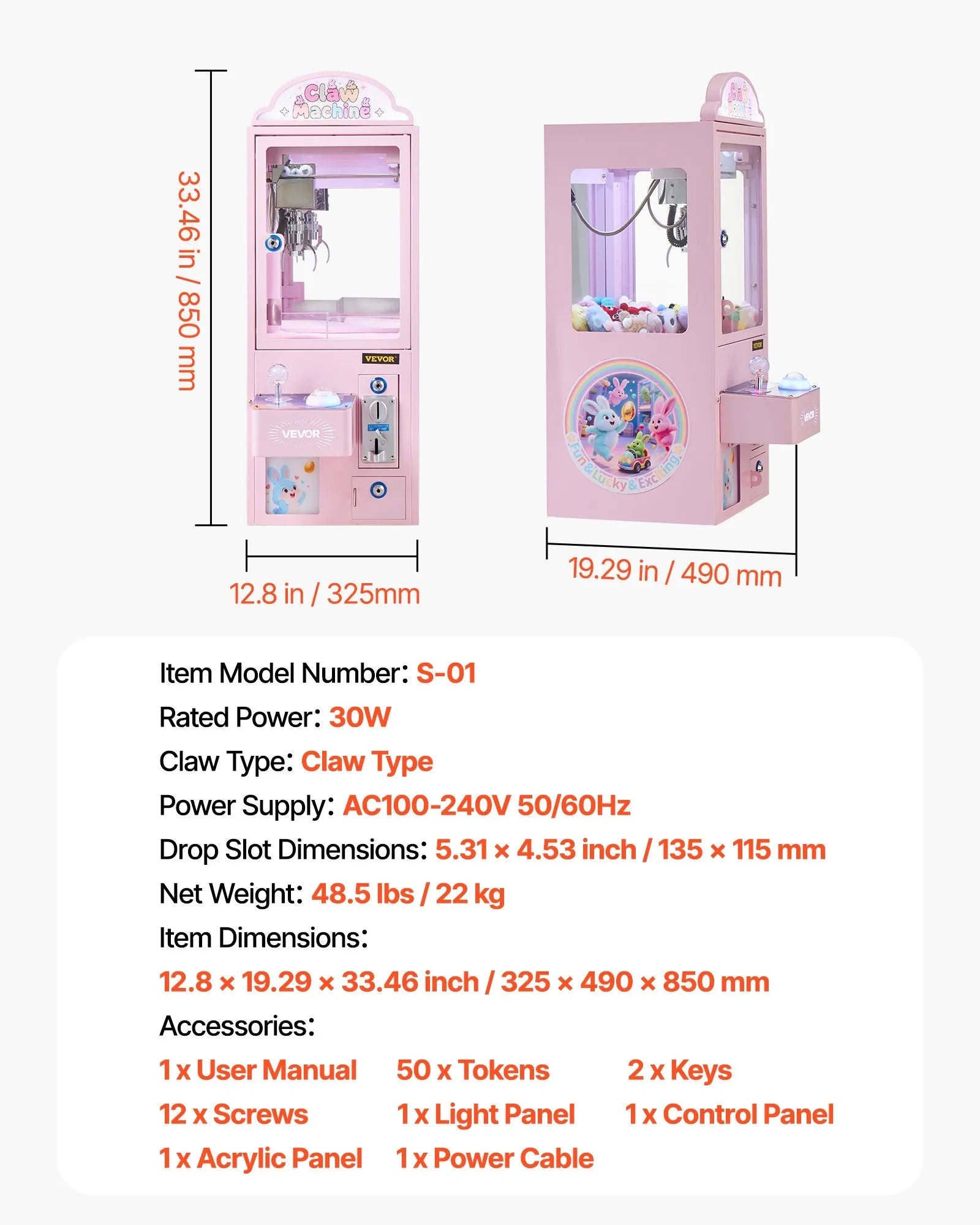 VEVOR Claw Crane Machine, Medium-Sized Arcade Game Machine with Light & Sound, Adjustable Steel Claws, Precise Toy Candy Grabber Prize Dispenser Vending Toy, for Commercial Home Parties Cinema, Pink