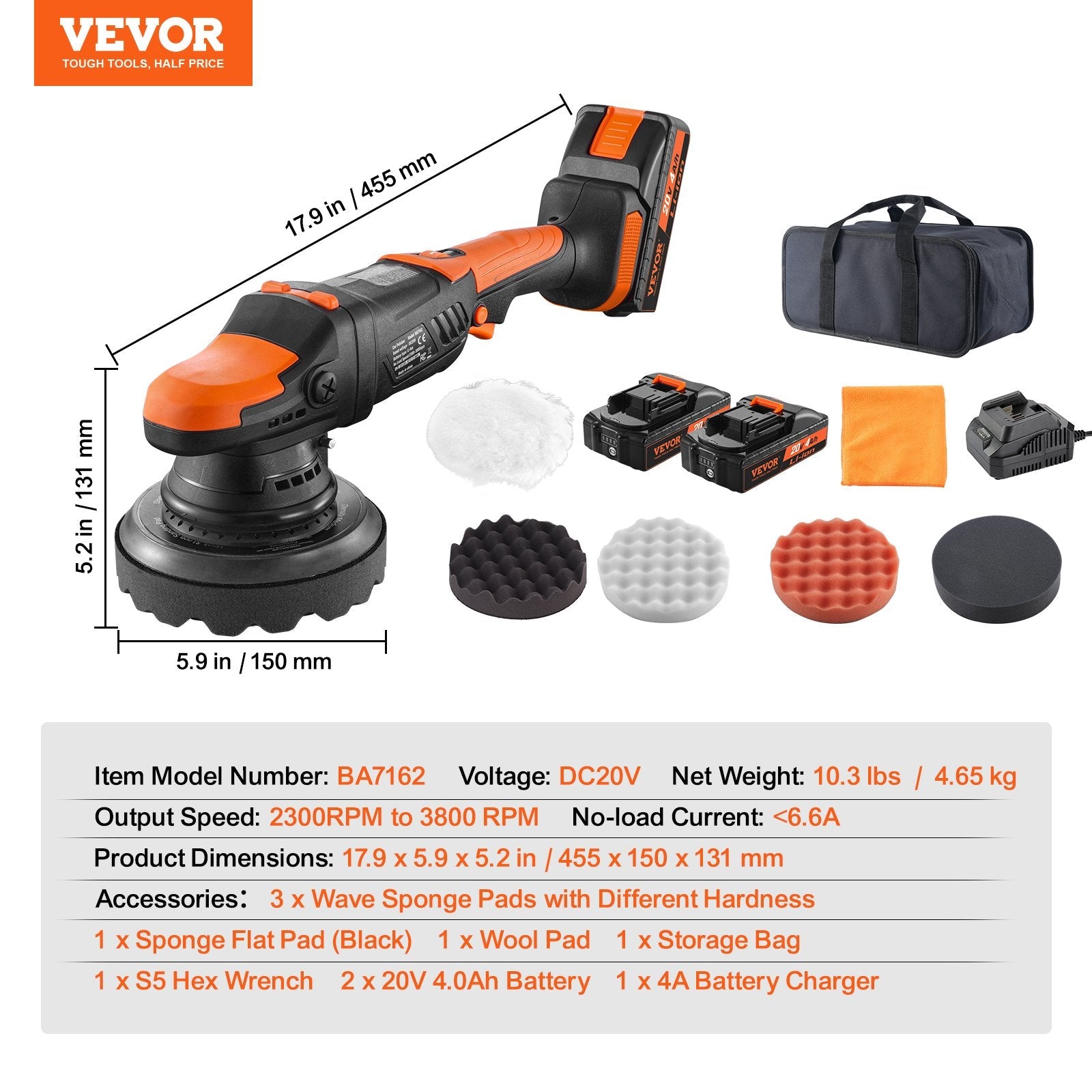 VEVOR 20V Cordless Buffer Polisher 6" Brushless Polisher with 2PCS 4.0Ah Battery