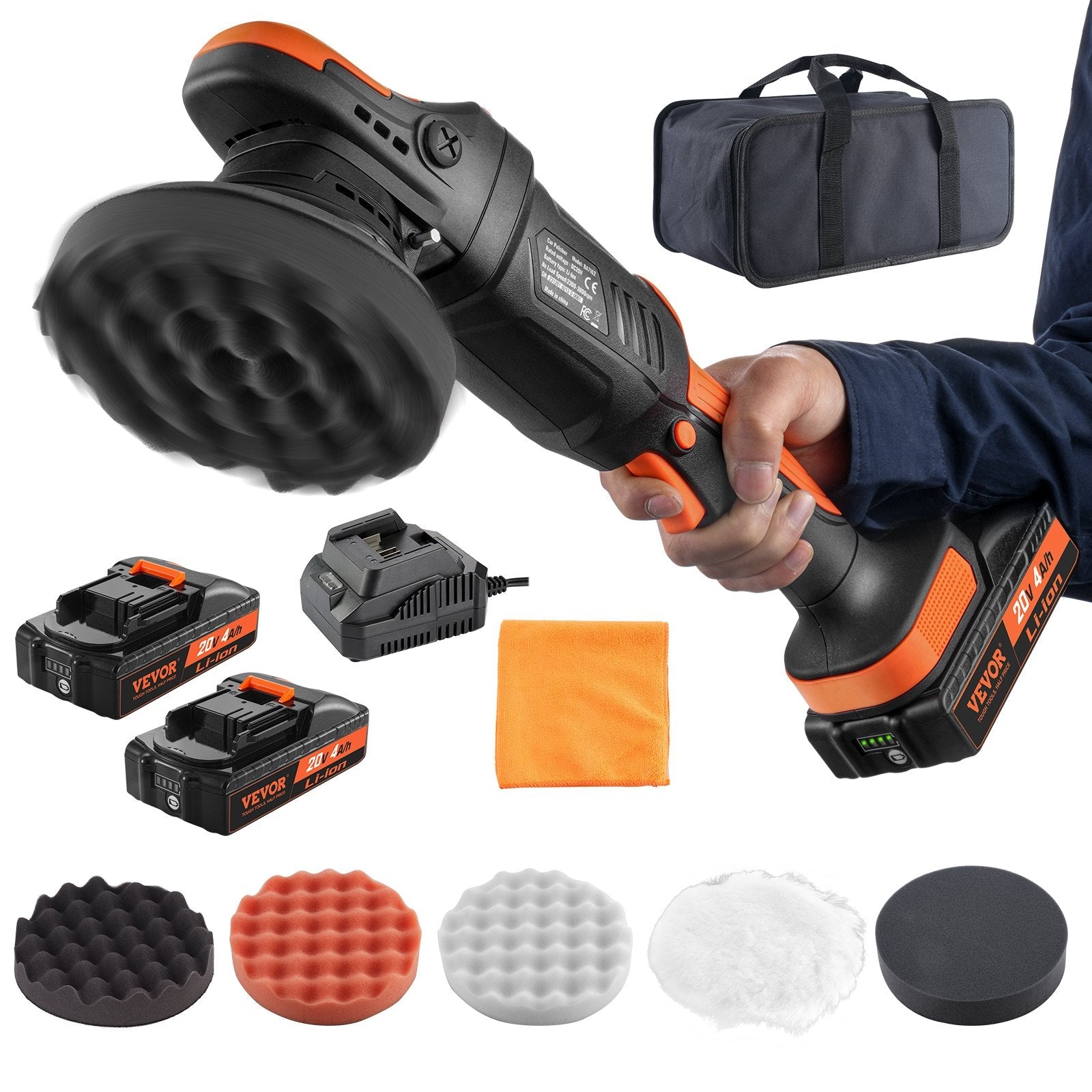 VEVOR 20V Cordless Buffer Polisher 6" Brushless Polisher with 2PCS 4.0Ah Battery