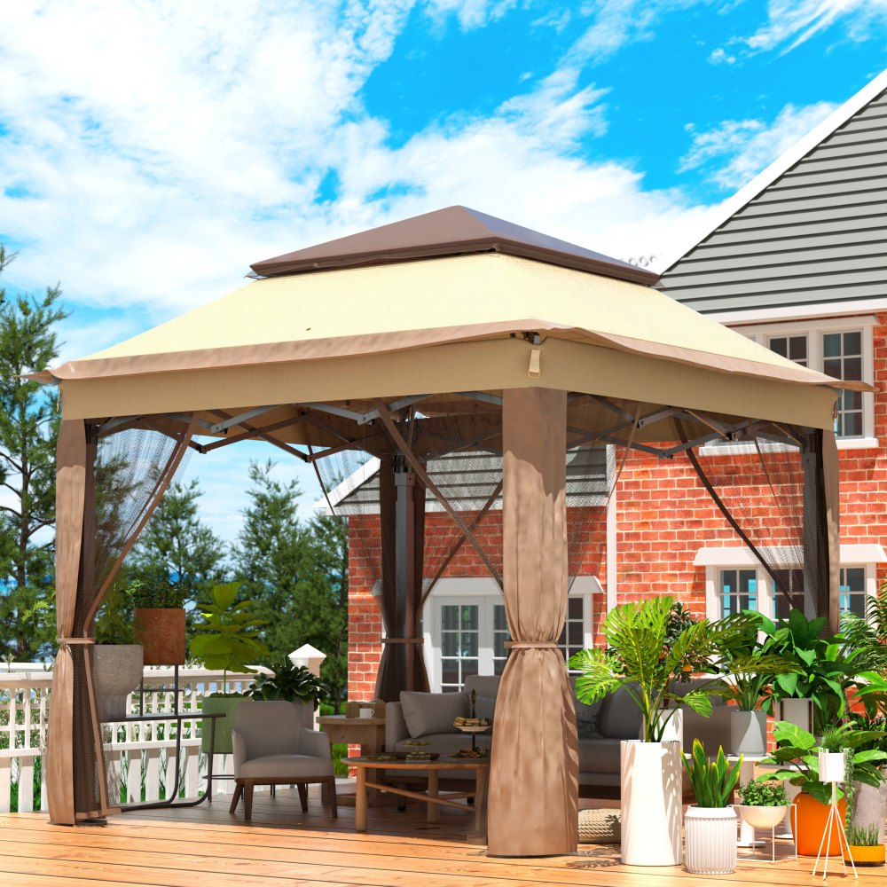 VEVOR Outdoor Canopy Gazebo Tent, Portable Canopy Shelter with 11'x11' Large Shade Space for Party, Backyard, Patio Lawn and Garden, 4 Sandbags, Carrying Bag and Netting Included, Brown