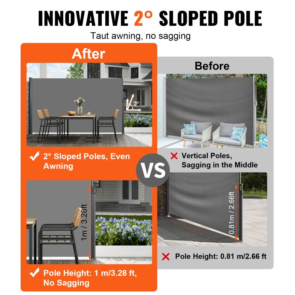 VEVOR Retractable Side Awning 118" x 63", Retractable Patio Screen Waterproof, Retractable Room Divider Grey for Privacy, Garden, Outdoor, Patio and Terrace