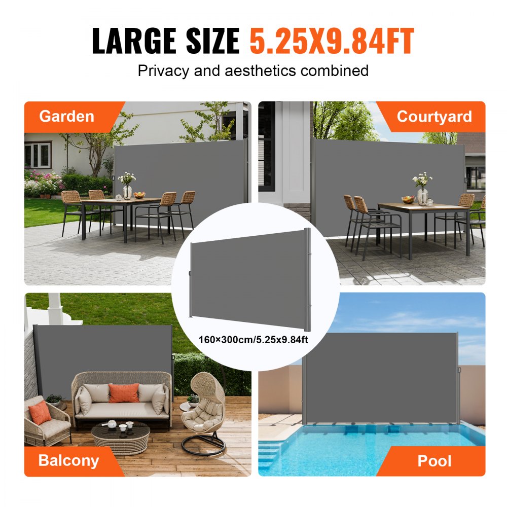 VEVOR Retractable Side Awning 118" x 63", Retractable Patio Screen Waterproof, Retractable Room Divider Grey for Privacy, Garden, Outdoor, Patio and Terrace