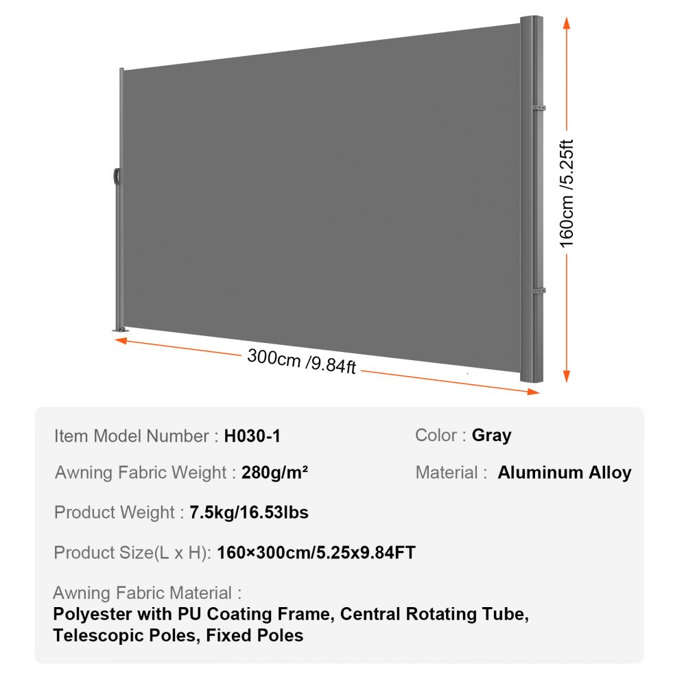 VEVOR Retractable Side Awning 118" x 63", Retractable Patio Screen Waterproof, Retractable Room Divider Grey for Privacy, Garden, Outdoor, Patio and Terrace