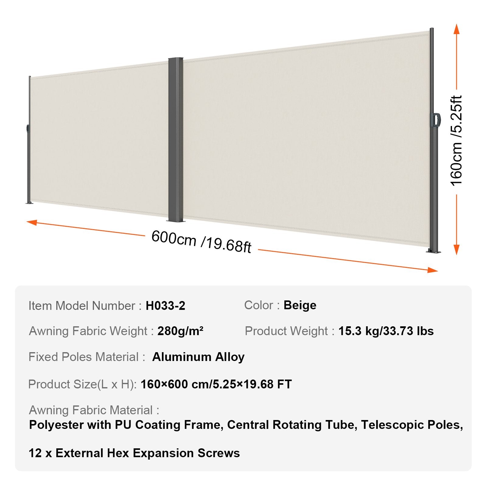 Retractable Side Awning Patio Screen Retractable Fence 63x236inch Privacy Screen